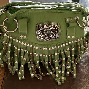 Country‎ Road Green Fringe Shoulder Bag with Decorative Plate